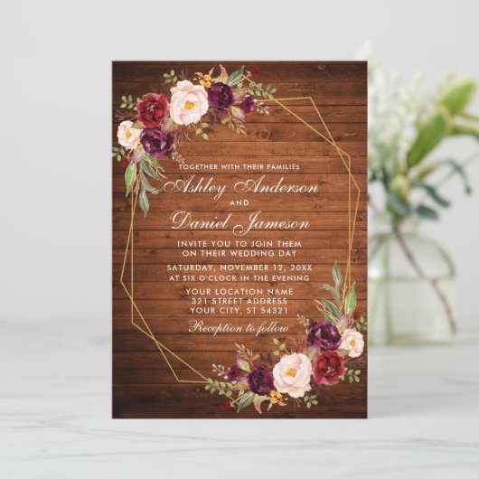 結婚のブルゴーニュフローラ木幾何学模様金ゴールド枠 招待状 (スタンド正面)