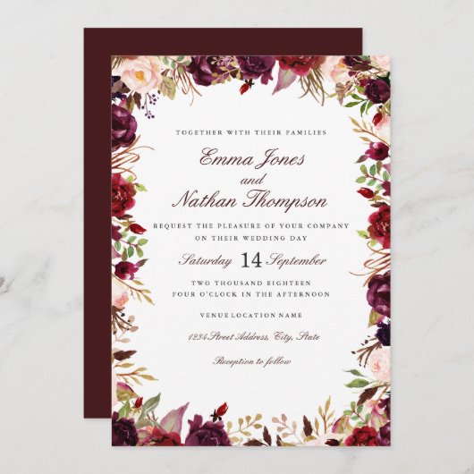 結婚のブルゴーニュ赤面フローラ水彩 招待状 (正面/裏面)