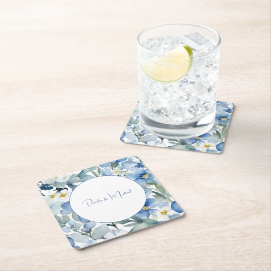 結婚のミニマエレガントリストクラシカルブルーフローラ スクエアペーパーコースター (インサイチュ)