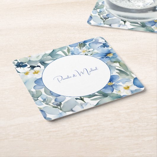 結婚のミニマエレガントリストクラシカルブルーフローラ スクエアペーパーコースター (アングル)