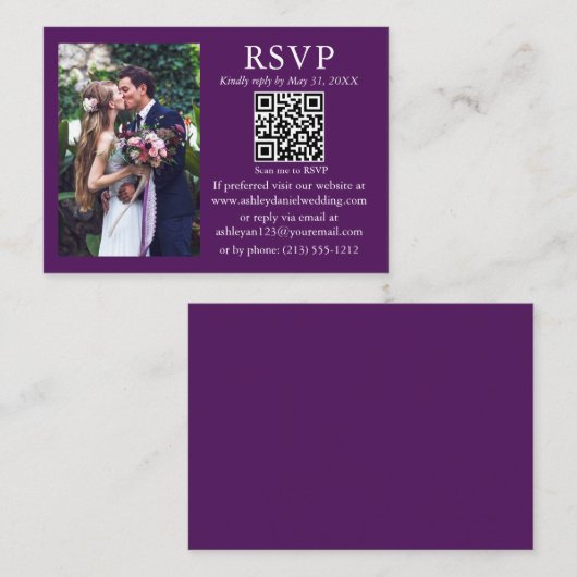 結婚のミニマモダンリストフォトパープルQR RSVP エンクロージャーカード (正面/裏面)