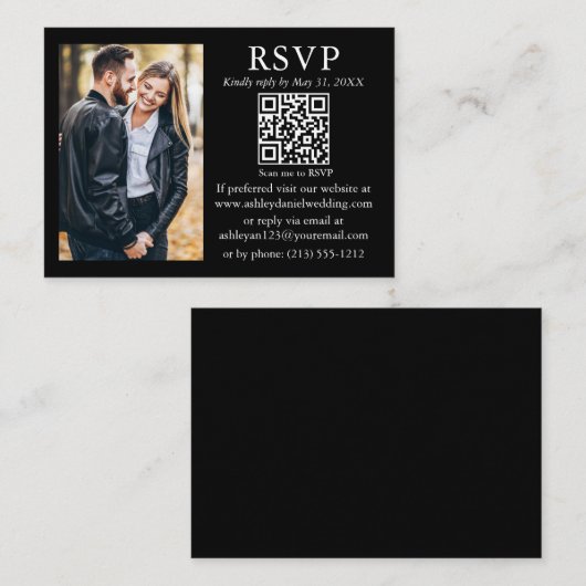 結婚のミニマモダンリストフォトブラックQR RSVP エンクロージャーカード (正面/裏面)