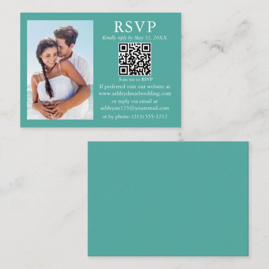 結婚のミニマモダンリスト写真ティール（緑がかった色）QR RSVP エンクロージャーカード (正面/裏面)