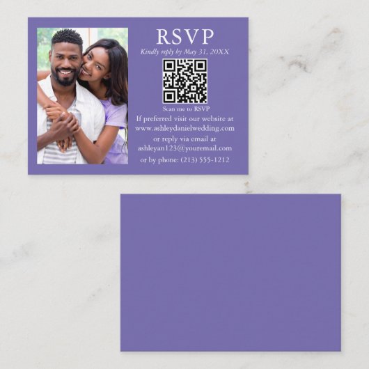 結婚のミニマモダンリスト写真ペリウィンクルQR RSVP エンクロージャーカード (正面/裏面)