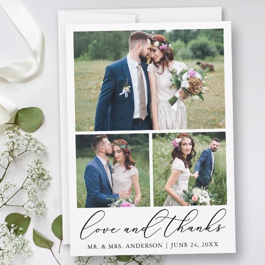 結婚のミニマモダンリスト書道3写真の愛 サンキューカード