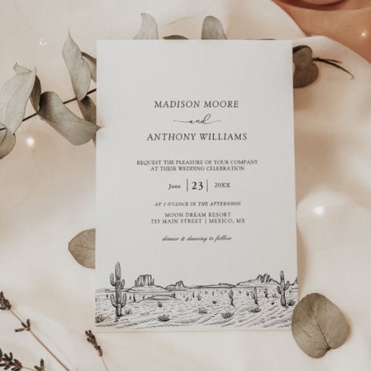 結婚のミニマルな砂漠のサボテンの風景 招待状