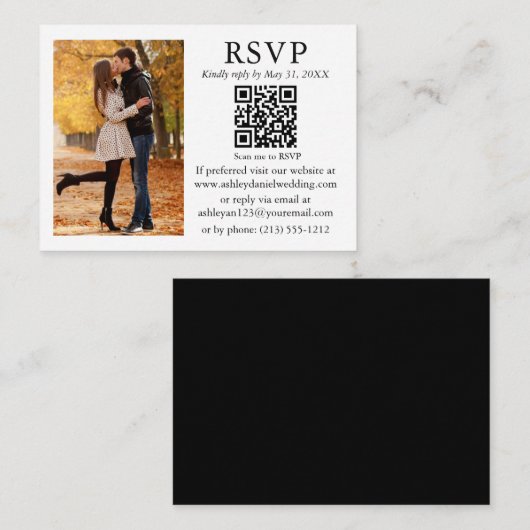 結婚のミニマル写真白黒QR RSVP エンクロージャーカード (正面/裏面)