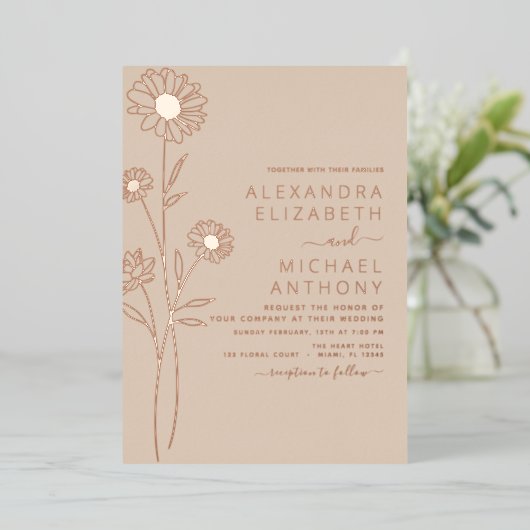 結婚のミニマル植物学フローララインアート 箔招待状 (立ち正面)