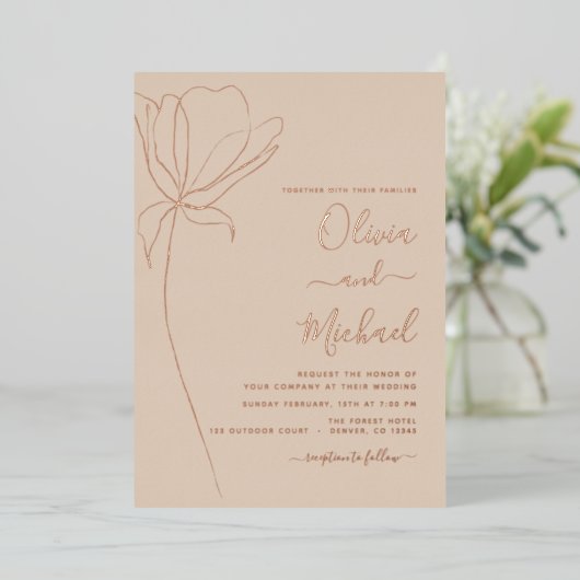 結婚のミニマル植物学フローララインアート 箔招待状 (立ち正面)