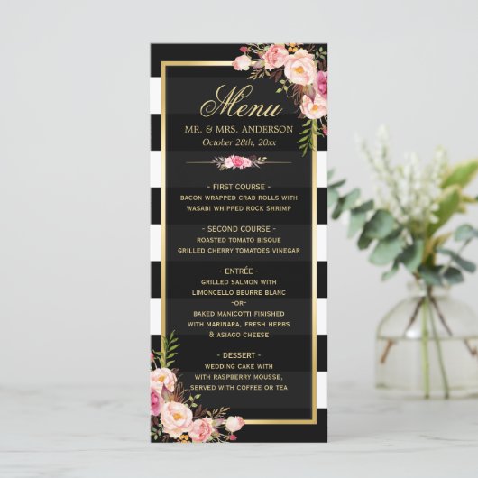 結婚のメニューヴィンテージフローラ白黒 ストライプの メニュー (スタンド正面)