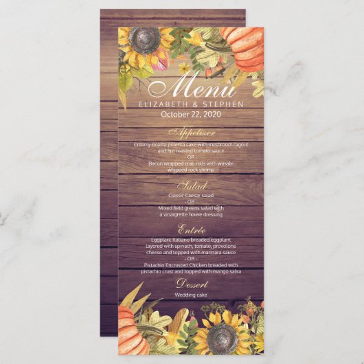結婚のメニュー秋のカエデ葉のカボチャひまわり メニュー (正面/裏面)