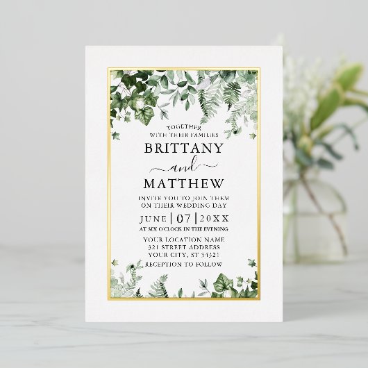 結婚のモダンエレガントアイビーセージ緑の金ゴールド 箔招待状 (立ち正面)