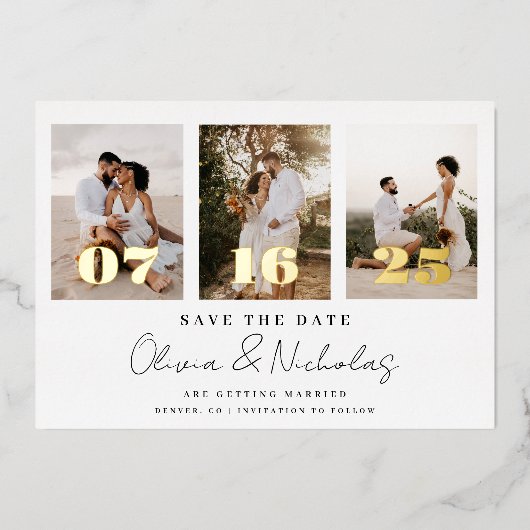 結婚のモダン写真コラージュ日付の保存 箔招待状 (正面)