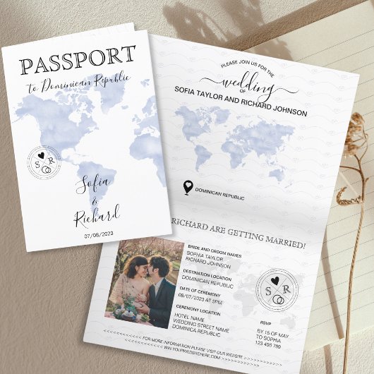 結婚のモダン旅行先Passport Blue Worldマップ 招待状