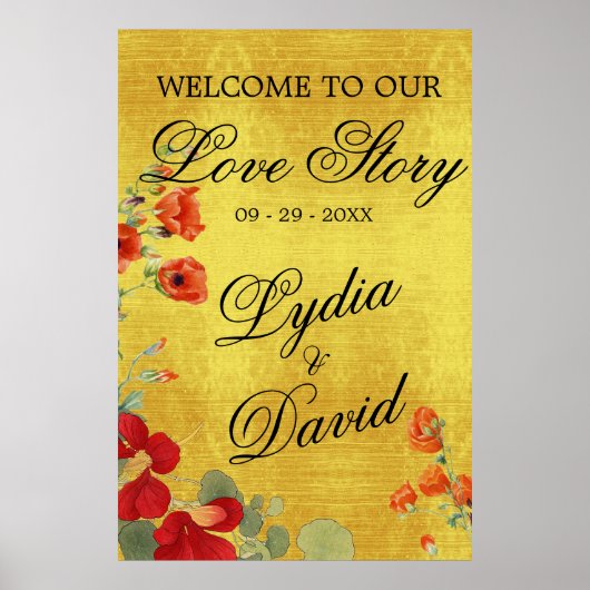 結婚のモダン歓迎金ゴールドエレガントフローラ ポスター (正面)