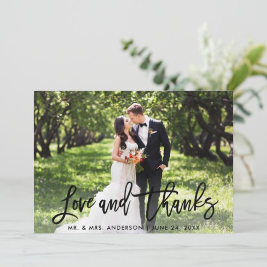 結婚のモダン筆の台本の愛と写感謝してい真 サンキューカード (スタンド正面)