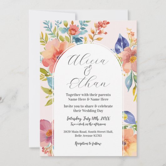 結婚のモダン花スタイリッシュ色 招待状 (正面)