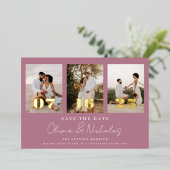 結婚のモダンPhoto Collage Mauve日付の保存 箔招待状 (立ち正面)