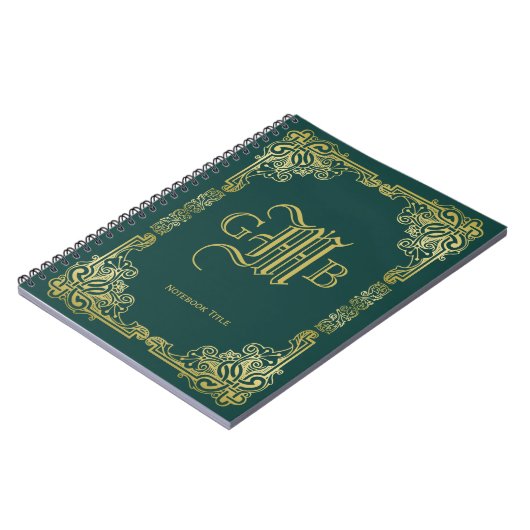 結婚のモノグラムクラシック金ゴールド枠ダークグリーン ノートブック (左側)