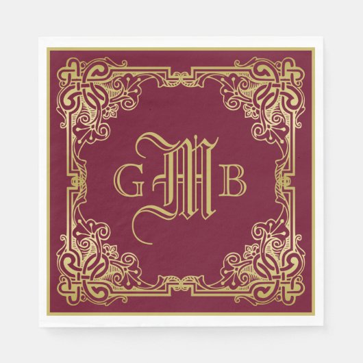 結婚のモノグラムクラシック金ゴールド枠ブルゴーニュ スタンダードランチョンナプキン (正面)