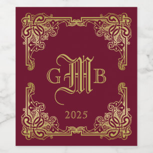 結婚のモノグラムクラシック金ゴールド枠ブルゴーニュ ワインラベル