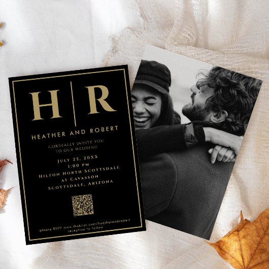 結婚のモノグラムシンプルクラシックのミニマルQRコード 招待状