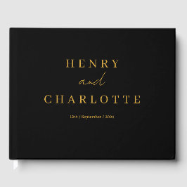 結婚のモノグラムミニマルシンプルリスト金ゴールドとブラック ゲストブック