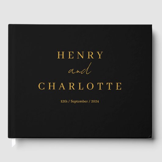結婚のモノグラムミニマルシンプルリスト金ゴールドとブラック ゲストブック (正面)