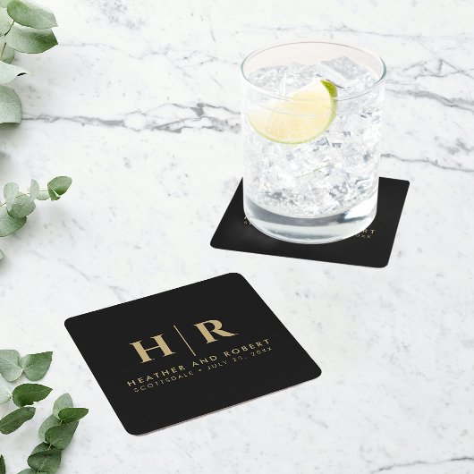 結婚のモノグラムモダンカスタムの花嫁と花婿 スクエアペーパーコースター