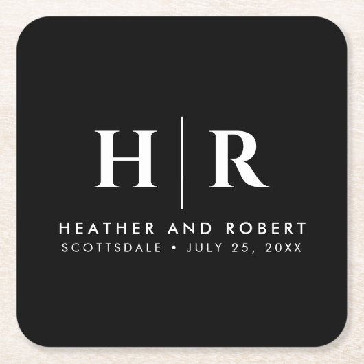 結婚のモノグラムモダンカスタムの花嫁と花婿 スクエアペーパーコースター (正面)