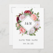 結婚のモノグラムヴィンテージバラリース日付の保存 インビテーションポストカード (正面/裏面)
