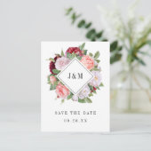 結婚のモノグラムヴィンテージバラリース日付の保存 インビテーションポストカード (スタンド正面)