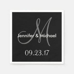 結婚のモノグラム名日付白黒灰色 スタンダードカクテルナプキン