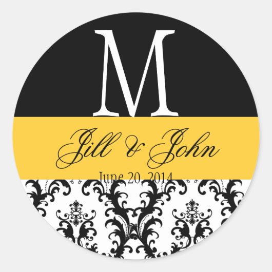 結婚のモノグラム名Date Damask Black Yellow ラウンドシール (正面)