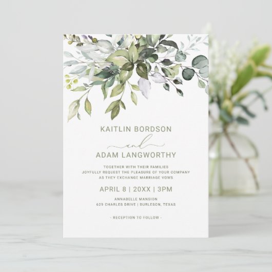 結婚のユーカリの緑の水の色ハーブ 招待状 (スタンド正面)