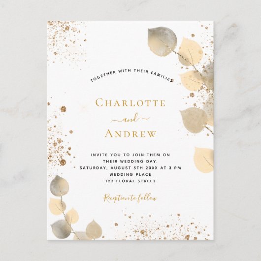 結婚のユーカリグリッター黄金色の葉グリッター インビテーションポストカード (正面)