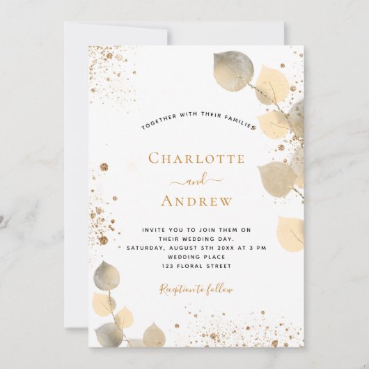 結婚のユーカリグリッター黄金色の葉グリッター 招待状 (正面)