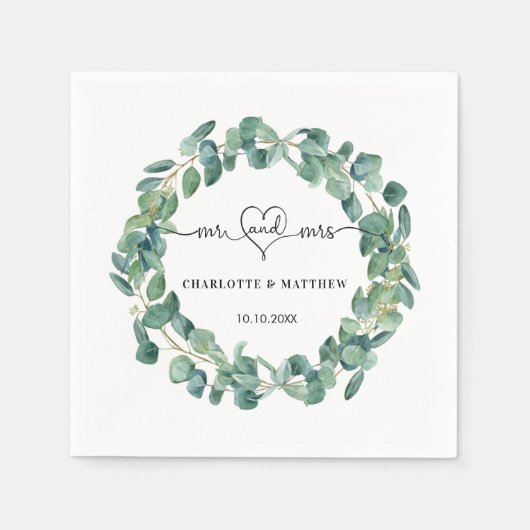結婚のユーカリリースミセス・ハート名 スタンダードカクテルナプキン (正面)