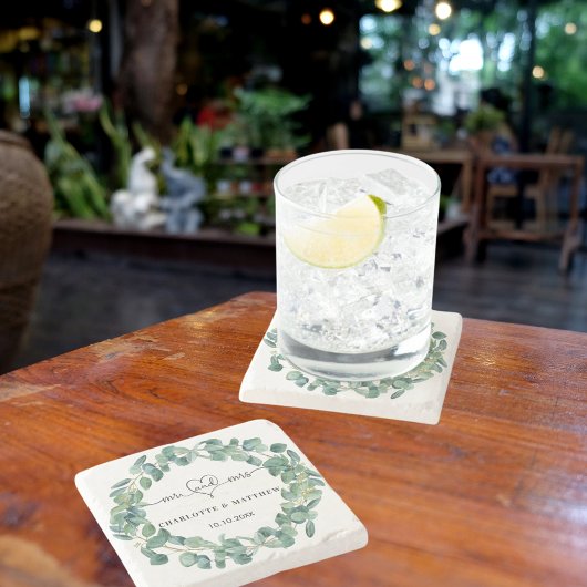 結婚のユーカリリースmr mrs save date ストーンコースター