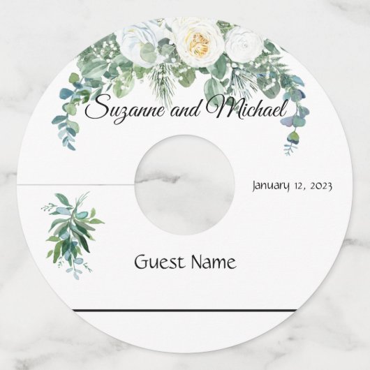 結婚のユーカリ白花フローラ水色 ワイングラスタグ (正面)