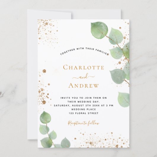 結婚のユーカリ緑グリッター黄金グリッター 招待状 (正面)
