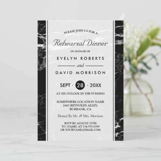 結婚のリハーサルのディナーモダン白黒大理石 招待状 (スタンド正面)