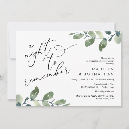 結婚のリハーサルディナー、ユーカリプトゥス・グリーンリー 招待状 (正面)
