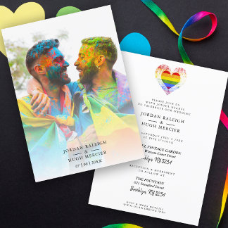 結婚のレインボーハートLGBT婚約したカップル写真 招待状