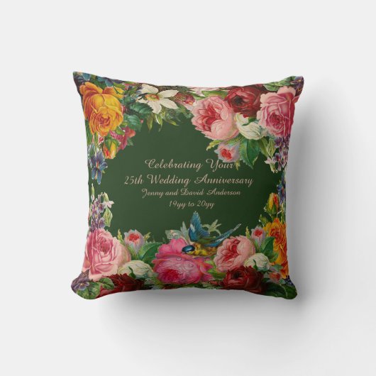 結婚の任意の記念日ヴィンテージフローラの名前の追加 クッション (正面)