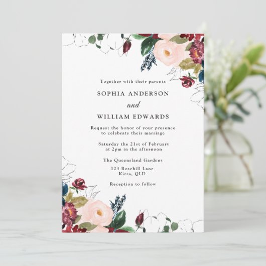 結婚の優雅さ:ブルゴーニュ赤面ネイビー結婚ズ 招待状 (スタンド正面)