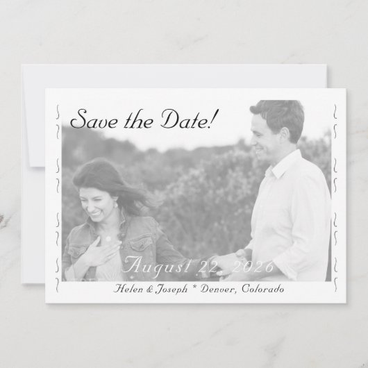 結婚の優雅さ 白黒 結婚式 フラット セーブ・ザ・デート カード (正面)