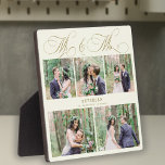 結婚の写パーソナライズされた真コラージュ フォトプラーク<br><div class="desc">クラシックエレガントフェイク金ゴールドロマンチック書道台本ミセス5写真コラージュ、名前とデートのクリー結婚ムアイボリープラパーソナライズされたーク。</div>