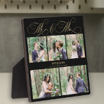 結婚の写パーソナライズされた真コラージュ フォトプラーク<br><div class="desc">エレガントクラシックフェイク金ゴールドロマンチック書道台本5写真コラージュ、名前と彼の日付の黒いプラ結婚ークのミッパーソナライズされたト。</div>