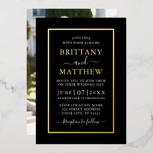 結婚の写モダンエレガント真白黒金ゴールド 箔招待状 (正面/裏面)